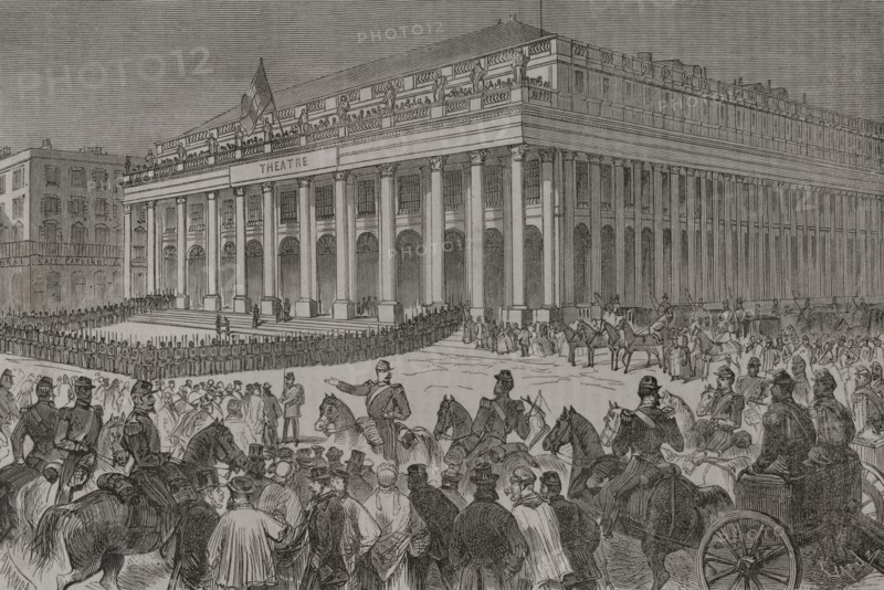 Franco-Prussian War (1870-1871). During the war, the city of Bordeaux temporarily (from 8 February to 20 March 1871) became the seat of the French government. Exterior view of the Grand Theatre where the National Assembly of the French Parliament met, 13 February 1871. Drawing by Miranda. Engraving by Capuz. ""Historia de la Guerra de Francia y Prusia"" (History of the War between France and Prussia). Volume II. Published in Barcelona, 1871.
