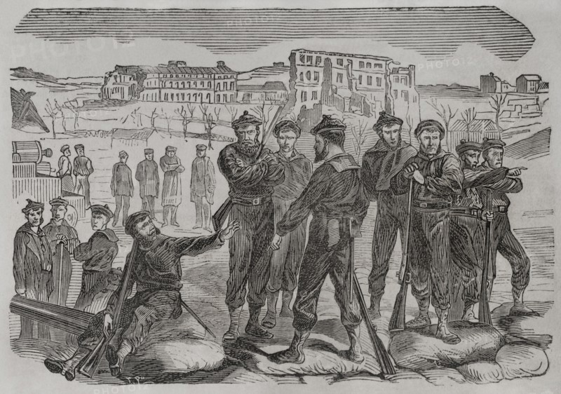 Franco-Prussian War (1870-1871). Fort de Montrouge. One of the fortifications of Paris, built between 1843 and 1845 in Arcueil. It was used as an artillery depot, suffering numerous Prussian bombardments. Sailors refusing to leave the fort of Montrouge. Engraving. ""Historia de la Guerra de Francia y Prusia"" (History of the War between France and Prussia). Volume II. Published in Barcelona, 1871.