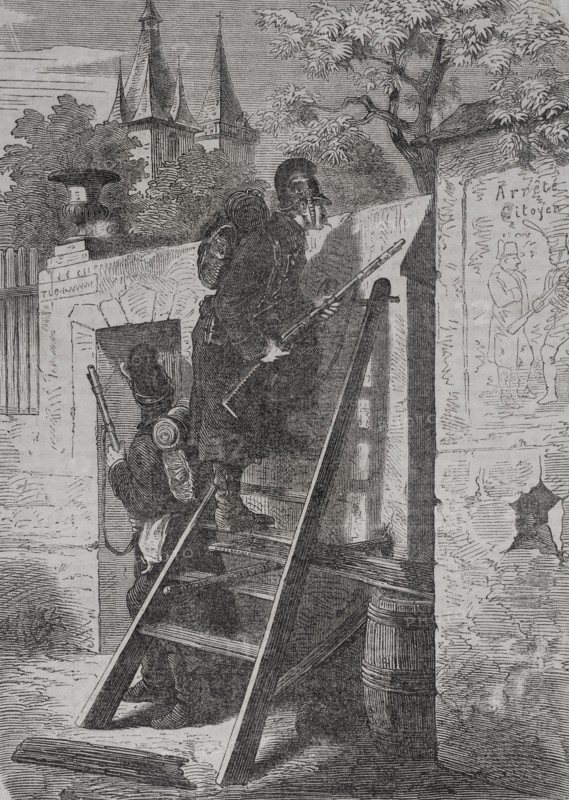 Franco-Prussian War (1870-1871). German scout patrol in French territory. Engraving. ""Historia de la Guerra de Francia y Prusia"" (History of the War between France and Prussia). Volume II. Published in Barcelona, 1871.