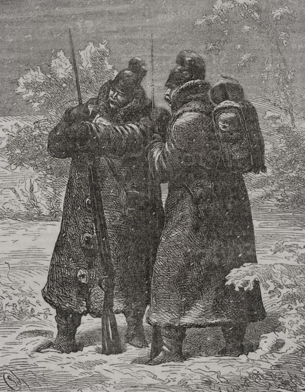 Franco-Prussian War (1870-1871). German outposts. Engraving. ""Historia de la Guerra de Francia y Prusia"" (History of the War between France and Prussia). Volume II. Published in Barcelona, 1871.