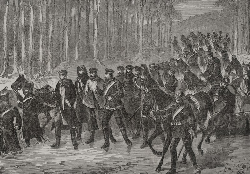 Franco-Prussian War (1870-1871). German cavalry marching towards Paris. Engraving. ""Historia de la Guerra de Francia y Prusia"" (History of the War between France and Prussia). Volume II. Published in Barcelona, 1871.