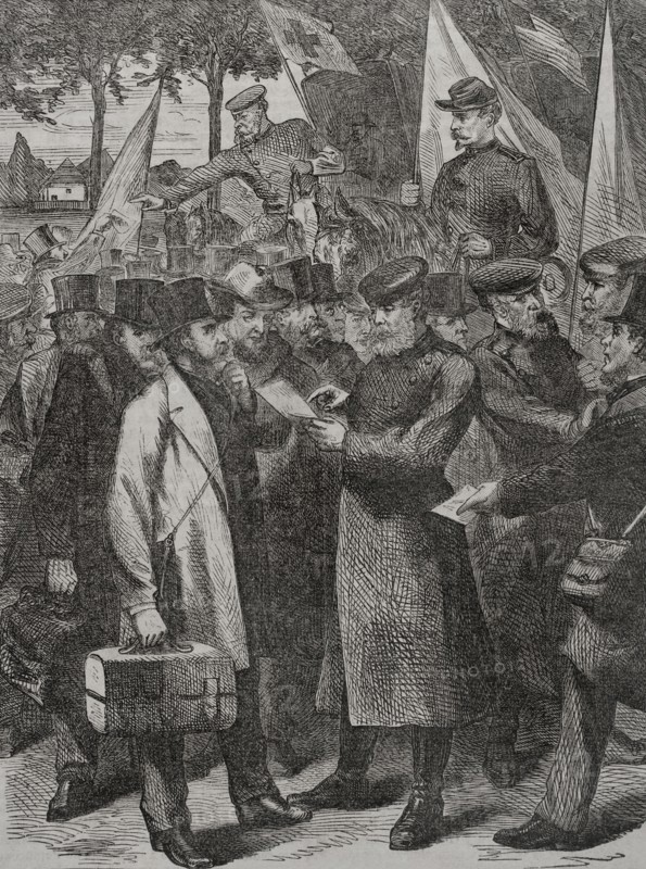 Franco-Prussian War (1870-1871). Siege of Paris (19 September 1870 to 28 January 1871). English residents leaving Paris. Engraving. ""Historia de la Guerra de Francia y Prusia"" (History of the War between France and Prussia). Volume II. Published in Barcelona, 1871.