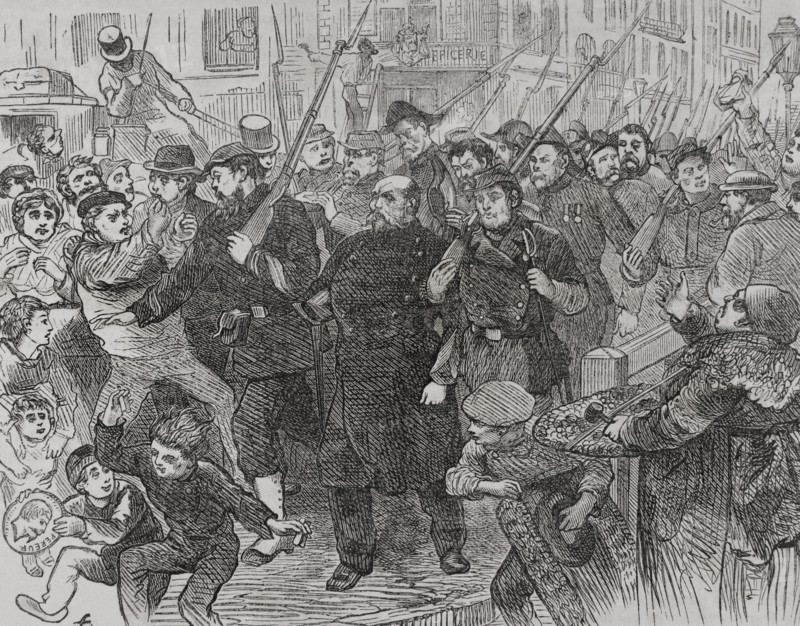 Franco-German War (1870-1871). France. Arrest of Napoleon III spies in Paris. Engraving. ""Historia de la Guerra de Francia y Prusia"" (History of the War between France and Prussia). Volume II. Published in Barcelona, 1871.