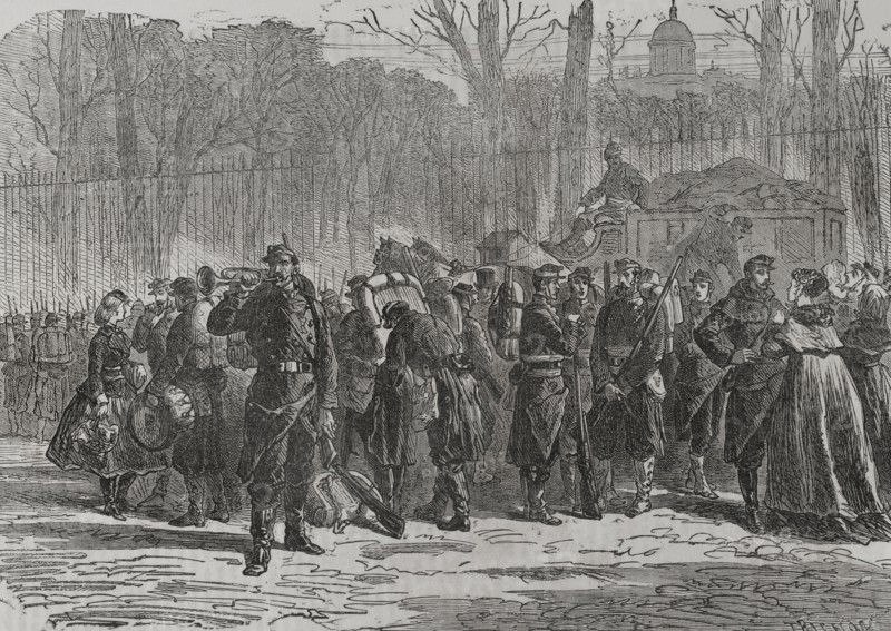Franco-German War (1870-1871). France. Departure of the 10th regiment of the National Guard for the outposts. Engraving by Trichon. ""Historia de la Guerra de Francia y Prusia"" (History of the War between France and Prussia). Volume II. Published in Barcelona, 1871.