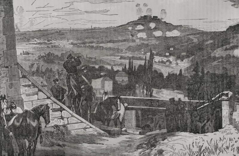 Franco-Prussian War (1870-1871). Siege of Paris (19 September 1870 to 28 January 1871). Mont-Valerien during the besiege. Engraving. ""Historia de la Guerra de Francia y Prusia"" (History of the War between France and Prussia). Volume II. Published in Barcelona, 1871.