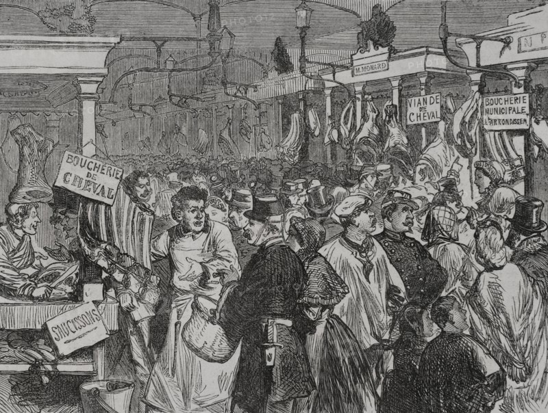 Franco-Prussian War (1870-1871). Siege of Paris (19 September 1870 to 28 January 1871). Meat market in Paris. Engraving. ""Historia de la Guerra de Francia y Prusia"" (History of the War between France and Prussia). Volume II. Published in Barcelona, 1871.