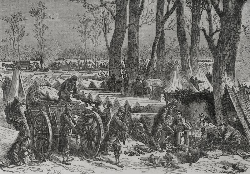Franco-Prussian War (1870-1871). Siege of Paris (19 September 1870 to 28 January 1871). Bivouac of General Ducrot's troops in the wood of Vincennes. Engraving by Trichon. ""Historia de la Guerra de Francia y Prusia"" (History of the War between France and Prussia). Volume II. Published in Barcelona, 1871.