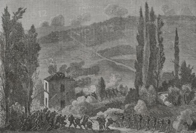 Franco-Prussian War (1870-1871). Battle of Chatillon, September-October 1870. Engraving by Trichon. ""Historia de la Guerra de Francia y Prusia"" (History of the War between France and Prussia). Volume II. Published in Barcelona, 1871.