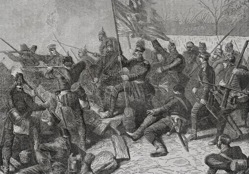 Franco-Prussian War (1870-1871). General von Budritzki (1812-1876) leading the Prussian army in the attack on Le Bourget, October 1870. Engraving. ""Historia de la Guerra de Francia y Prusia"" (History of the War between France and Prussia). Volume II. Published in Barcelona, 1871.