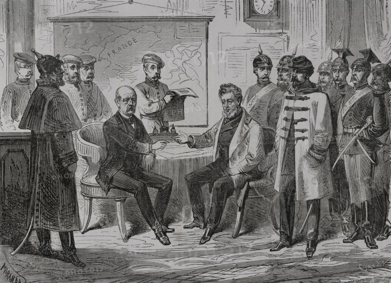 Franco-Prussian War (1870-1871). Armistice ceremony and capitulation of Paris, held on 28 January 1871 at the Palace of Versailles, between Jules Favre (1809-1880) and Otto von Bismarck (1815-1898). Favre undertook, on behalf of the French government, to hand over Alsace and Lorraine to Germany and to pay war reparations. Drawing by Miranda. Engraving by Capuz. ""Historia de la Guerra de Francia y Prusia"" (History of the War between France and Prussia). Volume II. Published in Barcelona, 1871.