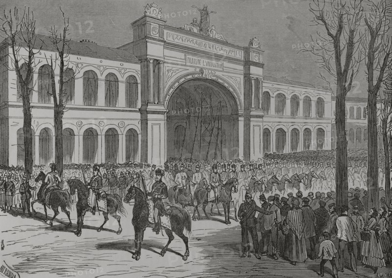 Franco-Prussian War (1870-1871). On 1 March 1871 the Prussian army entered Paris in a symbolic manner, although the troops subsequently left the city. Parade of German troops on the Champs Elysees. Drawing by Miranda. Engraving by Laporta. ""Historia de la Guerra de Francia y Prusia"" (History of the War between France and Prussia). Volume II. Published in Barcelona, 1871.
