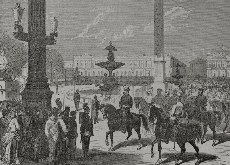 Franco-Prussian War (1870-1871). Siege of Paris (19 September 1870 to 28 January 1871). Paris. The Germans in Place de la Concorde. Drawing by Miranda. Engraving. ""Historia de la Guerra de Francia y Prusia"" (History of the War between France and Prussia). Volume II. Published in Barcelona, 1871.