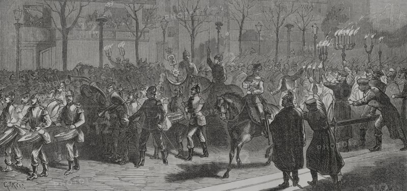 Franco-Prussian War (1870-1871). On 1 March 1871, the Prussian army entered Paris in a symbolic manner, although the troops subsequently left the city. Germans leave the city. Drawing by Garcia. Engraving. ""Historia de la Guerra de Francia y Prusia"" (History of the War between France and Prussia). Volume II. Published in Barcelona, 1871.