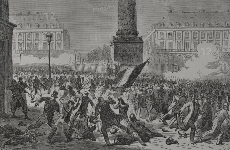 France. Paris Commune. Popular revolutionary movement that took power in Paris from 18 March to 28 May 1871, during the Franco-Prussian War. Massacre of supporters of the ""Party of Order"" (conservatives) in the Place Vendome in Paris, 22 March 1871. The so-called ""Friends of Order"", also ""Friends of Peace"", held a demonstration in front of the headquarters of the National Guard, demanding the expulsion of the headquarters of the ""federates"" from the Place Vendome. They disarmed and attacked two sentries, provoking the reaction of two hundred federates in the square, who clashed with the demonstrators and shot at them, killing and wounding dozens of people. Drawing by Miranda. Engraving by Capuz. ""Historia de la Guerra de Francia y Prusia"" (History of the War between France and Prussia). Volume II. Published in Barcelona, 1871.
