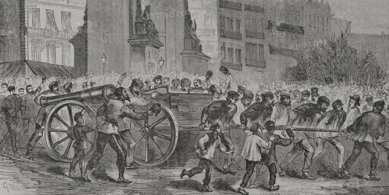 France. Paris Commune. Popular revolutionary movement that took power in Paris from 18 March to 28 May 1871, during the Franco-Prussian War. The insurgents dragging the cannons to Montmartre. Drawing by Garcia. Engraving by Ricord. ""Historia de la Guerra de Francia y Prusia"" (History of the War between France and Prussia). Volume II. Published in Barcelona, 1871.
