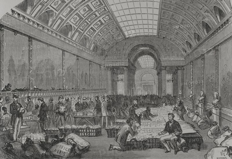Franco-Prussian War (1870-1871). France. Central post office, installed in the Gallery of Battles of the Palace of Versailles. Drawing by Miranda. Engraving by Ricord. ""Historia de la Guerra de Francia y Prusia"" (History of the War between France and Prussia). Volume II. Published in Barcelona, 1871.