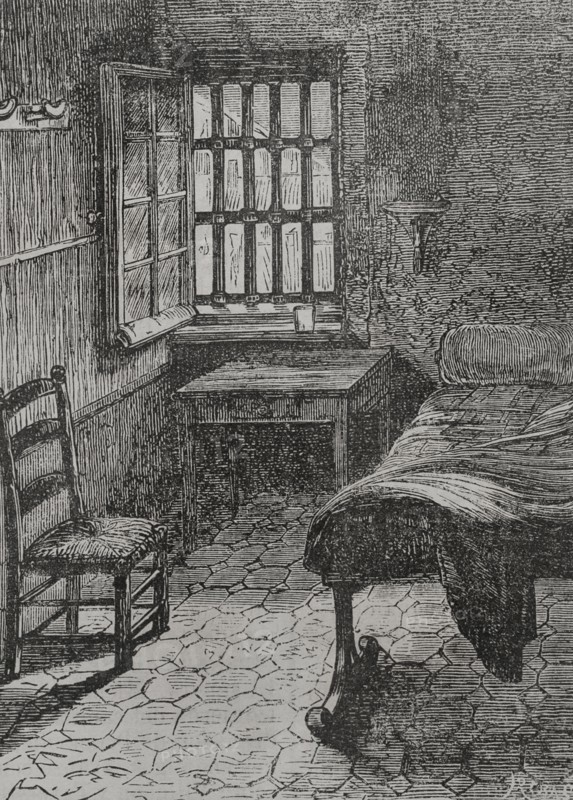 Georges Darboy (1813-1871). Catholic priest, bishop of Nancy, archbishop of Paris and ecclesiastical writer. During the Paris Commune was arrested on 4 April 1871, confined in Mazas Prison and executed on 24 May by the revolutionaries. Archbishop of Paris' dungeon. Portrait. Engraving by Ribas. ""Historia de la Guerra de Francia y Prusia"" (History of the War between France and Prussia). Volume II. Published in Barcelona, 1871.
