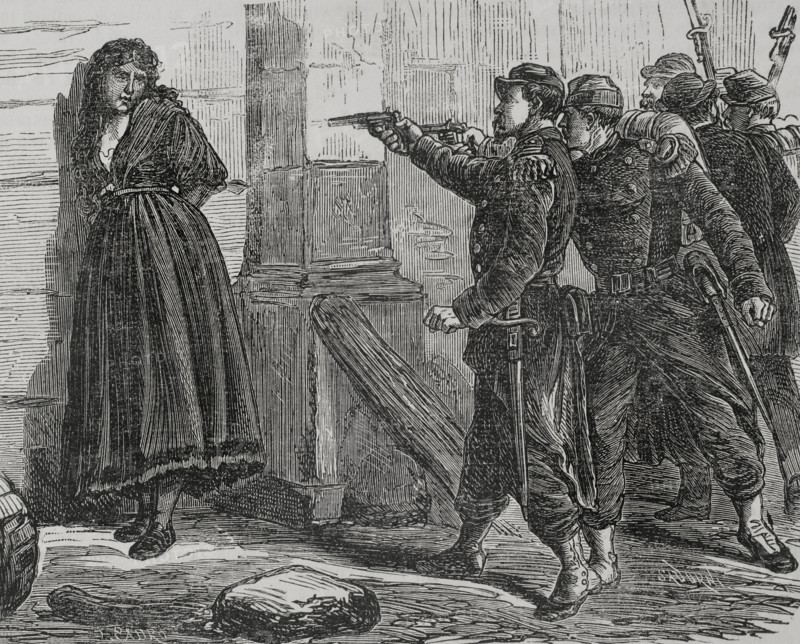 France. Paris Commune. Popular revolutionary movement that took power in Paris from 18 March to 28 May 1871, as a result of the Franco-Prussian War. Execution of a petroleuse by Versailles troops. Drawing by F. Padro. Engraving by Sadurni. ""Historia de la Guerra de Francia y Prusia"" (History of the War between France and Prussia). Volume II. Published in Barcelona, 1871.
