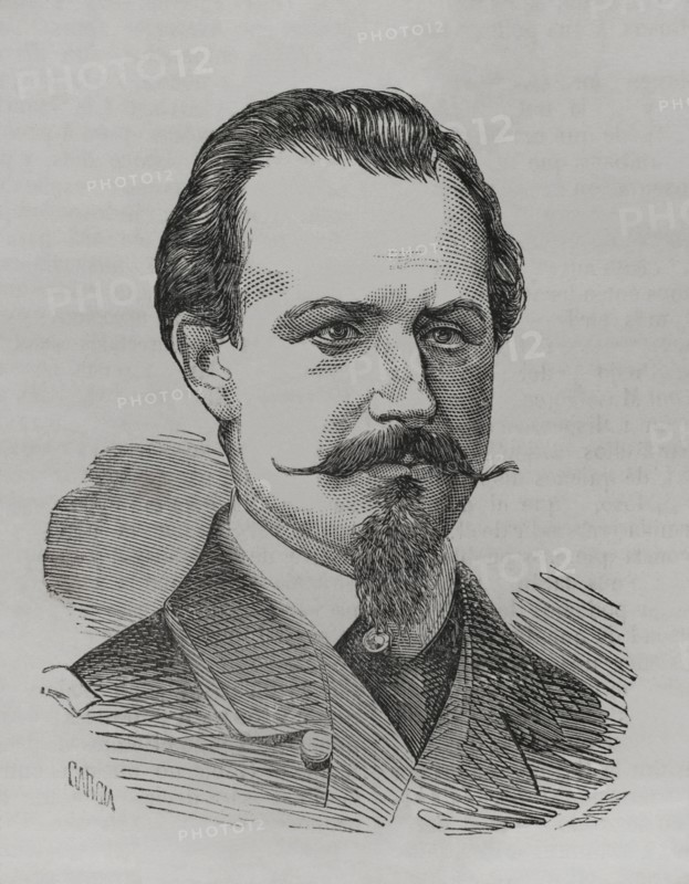 Jaroslaw Dombrowski (1836-1871). Polish nobleman and military officer who served in the Imperial Russian Army. Fled to France where he fought with the Paris Commune in 1871, of whose forces he was eventually appointed commander-in-chief. He died of wounds he sustained fighting on the barricades. Portrait. Engraving by Marcelo Paris. ""Historia de la Guerra de Francia y Prusia"" (History of the War between France and Prussia). Volume II. Published in Barcelona, 1871.