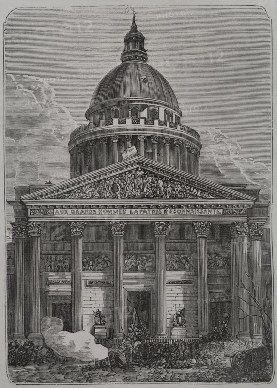 France. Paris Commune. Popular revolutionary movement that took power in Paris from 18 March to 28 May 1871, as a result of the Franco-Prussian War. Storming of the streets of Paris. Defence of the Pantheon barricade. Engraving. ""Historia de la Guerra de Francia y Prusia"" (History of the War between France and Prussia). Volume II. Published in Barcelona, 1871.