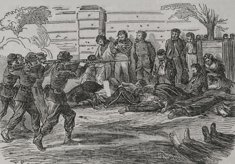 France. Paris Commune. Popular revolutionary movement that took power in Paris from 18 March to 28 May 1871, during the Franco-Prussian War. Shootings of Communards at the Jardin du Luxembourg (Luxembourg Gardens), 25 May 1871, after the defeat of the Commune. Engraving by Sadurni. ""Historia de la Guerra de Francia y Prusia"" (History of the War between France and Prussia). Volume II. Published in Barcelona, 1871.