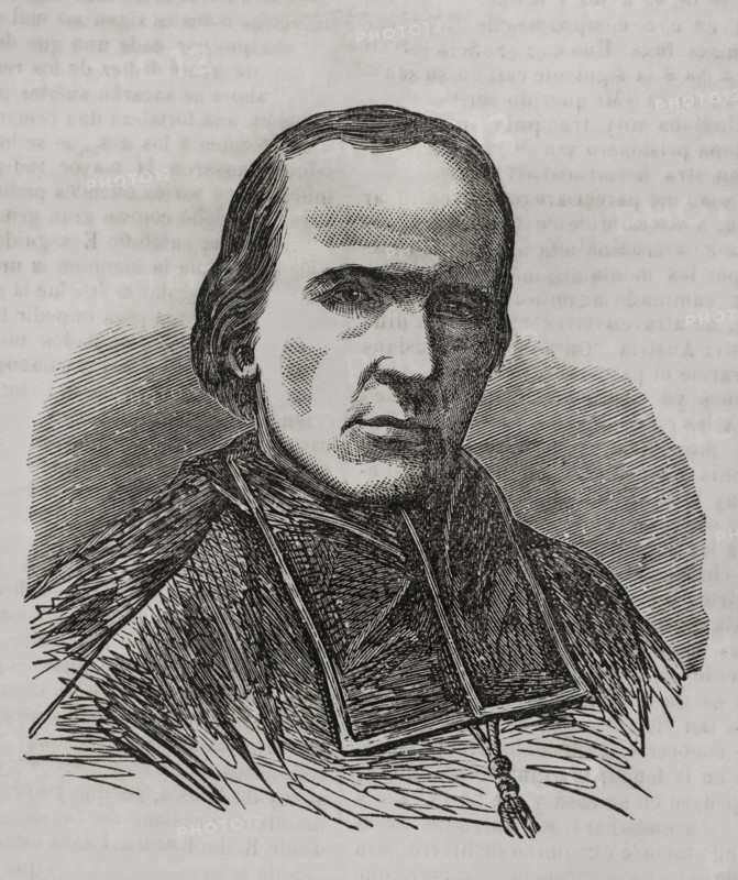 Georges Darboy (1813-1871). Catholic priest, bishop of Nancy, archbishop of Paris and ecclesiastical writer. During the Paris Commune he was arrested and executed on 24 May 1871 by the revolutionaries. Portrait. Engraving. ""Historia de la Guerra de Francia y Prusia"" (History of the War between France and Prussia). Volume II. Published in Barcelona, 1871.