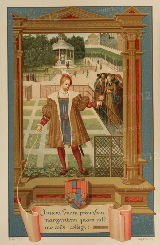 Henry II of Navarre (1503-1555). King of Navarre (1530-1555). The King of Navarre, Henry d'Albret, meeting Marguerite in the Gardens of Alencon. Chromolithography from a miniature of ""Initiatoire instructive en la religion chrestienne"", manuscript executed in the 16th century for Marguerite of Navarre, attributed to Geoffroy Tory. Henry is depicted finding the daisy in the gardens of Alencon. Sciences & Lettres au Moyen Age et a l'epoque de la Renaissance. Paris, 1877.
