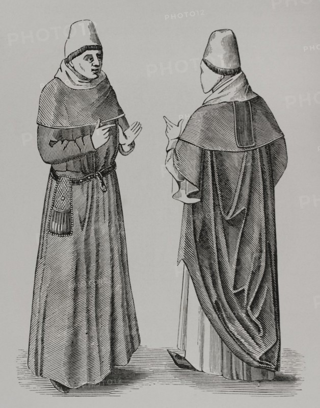 France. Rector and Doctor of the University of Paris. Engraving after a 15th century miniature in the ""Cite de Dieu"". Sciences & Lettres au Moyen Age et a l'epoque de la Renaissance. Paris, 1877.