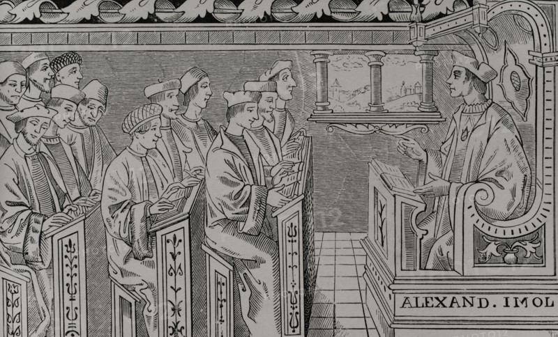 Interior of a School. Engraving from a 16th century print. Sciences & Lettres au Moyen Age et a l'epoque de la Renaissance. Paris, 1877.