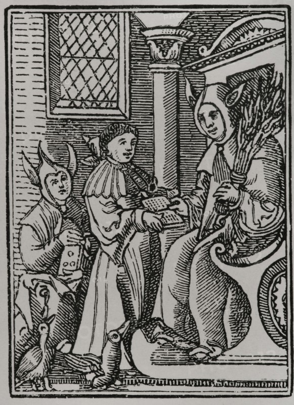 The Schoolmaster. Engraving after a drawing by Soquand. Paris, 1528. Sciences & Lettres au Moyen Age et a l'epoque de la Renaissance. Paris, 1877.