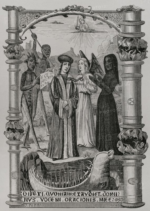 The Hour of Death. The sinner, at the point of death, with his sins staring him in the face, turns away from then to listen, but too late, to the advice of his good angel. His conscience, black by his faults, reminds him of the whole number of them. Remorse, like a serpent, devours his heart. Suspended in the midst of hell, a monster spewing flames and waiting to seize him, and God who with his right hand threatens with his righteousness and with his left hand testifies his desire to show mercy. Engraving after an allegorical miniature at the beginning of the ""Service for the Dead"" in a ""Liber Horarum"", 15th-century manuscript. Sciences & Lettres au Moyen Age et a l'epoque de la Renaissance. Paris, 1877.