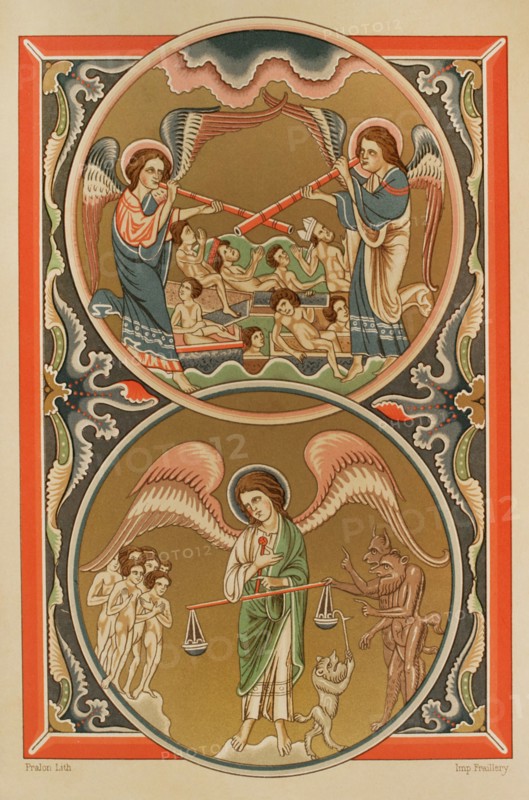 The Resurrection of the Dead and the Weighing of Souls in the Balance, at the Last Judgement. Chromolithography after a miniature from the Psalter of St. Louis, 1270-1274, forming part of the treasure in the abbey of Poissy. Sciences & Lettres au Moyen Age et a l'epoque de la Renaissance. Paris, 1877.
