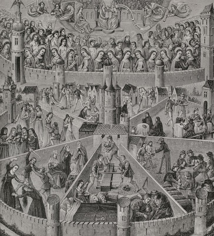Heavenly city and earthly city. Representation of the ""City of God"" as imagined by St. Augustine. The upper part with the saints already welcomed into heaven. The seven lower compartments show those who are preparing themselves, through the exercise of Christian virtues, to be part of the eternal kingdom or to be excluded from it forever because of committing the Seven Deadly Sins. Engraving by Huyot from a miniature of Saint Augustine's ""The City of God"", mid-15th century. Detail. Sciences & Lettres au Moyen Age et a l'epoque de la Renaissance. Paris, 1877.
