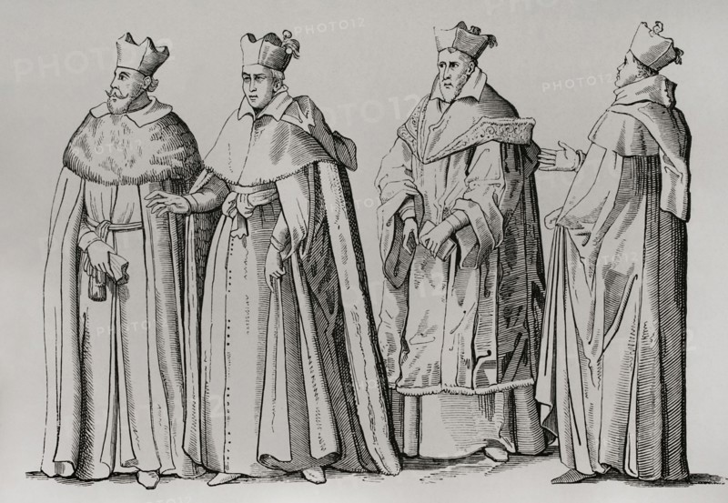 France. Bachelors of the Faculty of Theology, and Professors of the Faculties of Theology, Jurisprudence and Medicine at the University of Pont-a-Mousson, at the funeral of Charles III, Duke of Lorraine in 1608, founder in 1572 of this university. Engraving by Claude de la Ruelle. Sciences & Lettres au Moyen Age et a l'epoque de la Renaissance. Paris, 1877.