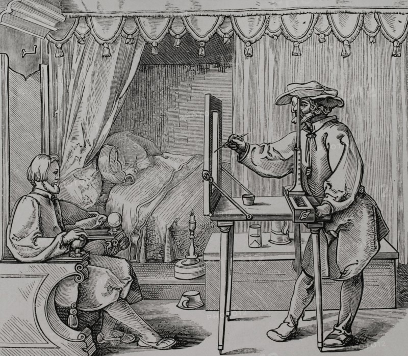 Instrument of mathematical precision for executing portraits. Facsimile after a wood engraving by Albert Durer, ""Institutionum Geometricarum Libri Quatuor"", 1535. Sciences & Lettres au Moyen Age et a l'epoque de la Renaissance. Paris, 1877.