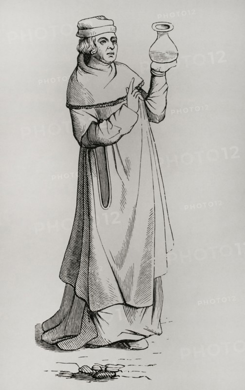 Doctor. Engraving from an edition of the ""Danse Macabre"" of 1490. Sciences & Lettres au Moyen Age et a l'epoque de la Renaissance. Paris, 1877.