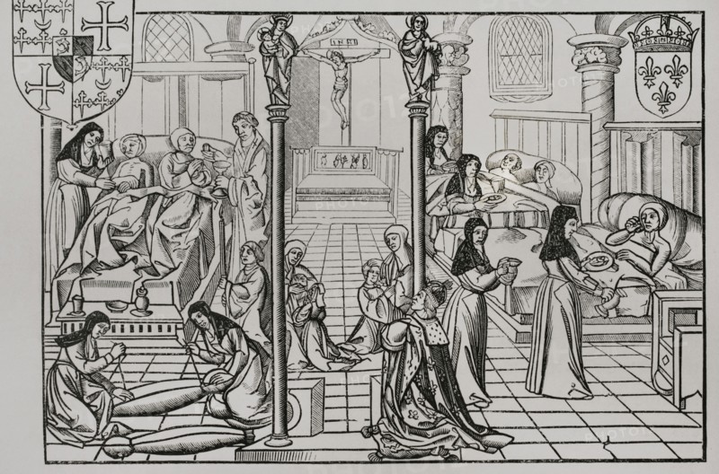France. A ward in the Hotel-Dieu, in Paris. Facsimile after a 16th century wood engraving, in the frontispiece of a Manuscript ""Le Pardon, graces et facultes octroyes a Monseigneur l'archeveque patriarche de Bourges et primat d Aquitaine, aux bienfaiteurs de l'Hostel-Dieu de Paris"". Sciences & Lettres au Moyen Age et a l'epoque de la Renaissance. Paris, 1877.