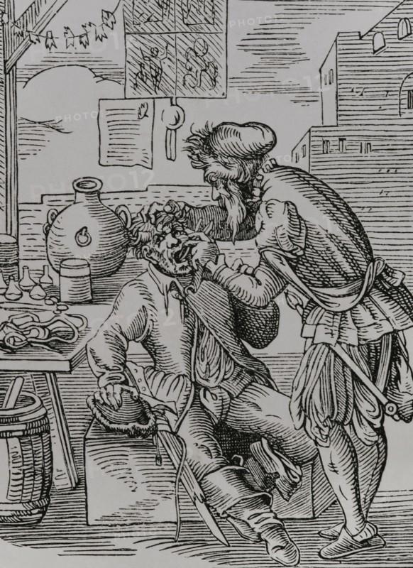 Dentist. Drawing and engraving by Jost Amman, 16th century. Sciences & Lettres au Moyen Age et a l'epoque de la Renaissance. Paris, 1877.