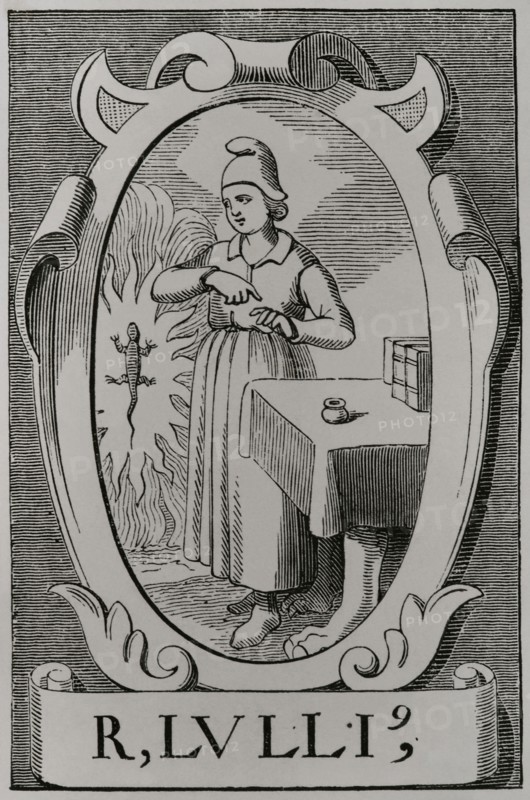 Ramon Llull (ca. 1232-1316). Religious, philosopher, poet, mystic, theologian and missionary from Majorca. The alchemist Raymond Lulle. Portrait after an engraving by Jean de Vries in the 16th century. Sciences & Lettres au Moyen Age et a l'epoque de la Renaissance. Paris, 1877.