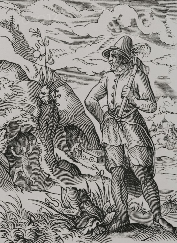 Miner. Drawing and engraving by Jost Amman in the 16th century. Sciences & Lettres au Moyen Age et a l'epoque de la Renaissance. Paris, 1877.