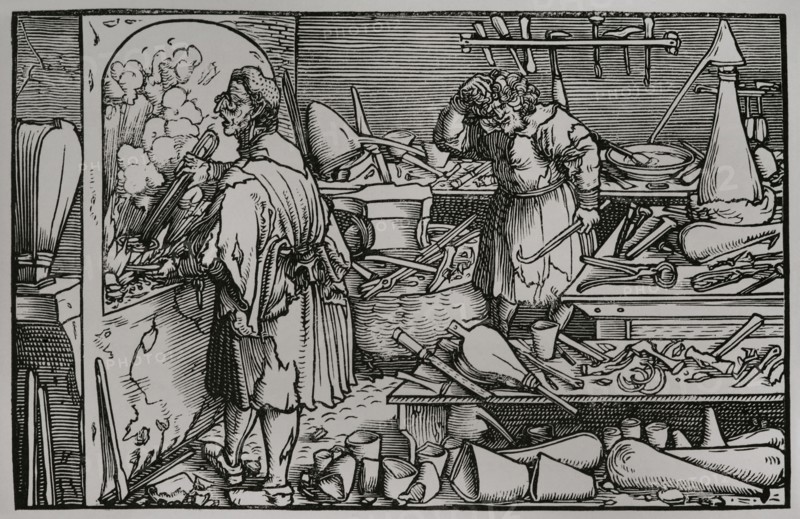 The German Alchemist. Facsimile of an engraving attributed to Hans Holbein, from the German translation of Boethius ""Consolatio Philosophiae"", published in Augsburg in 1537. Sciences & Lettres au Moyen Age et a l'epoque de la Renaissance. Paris, 1877.