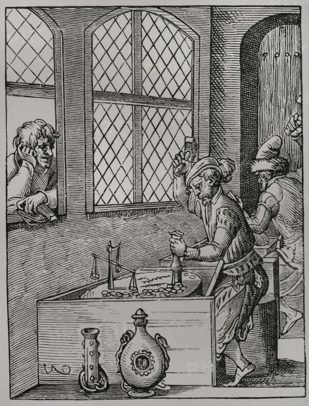 Making of coins. Facsimile of an engraving by Jost Amman in 1659. Sciences & Lettres au Moyen Age et a l'epoque de la Renaissance. Paris, 1877.
