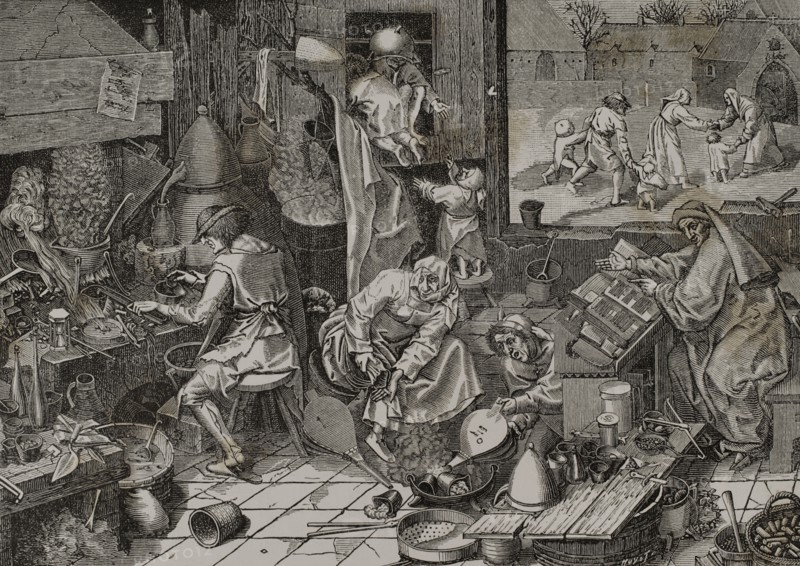 Laboratory of an alchemist. Engraving by Huyot after a panel by Pieter Brueghel the Elder and engraving by Jerome Cock in the 16th century. Sciences & Lettres au Moyen Age et a l'epoque de la Renaissance. Paris, 1877.