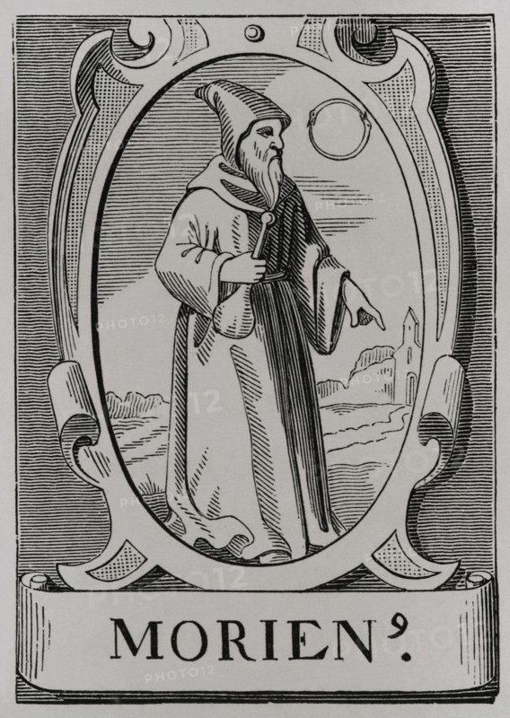 The alchemist Morienus. Portrait after an engraving by Jean de Vries in the 16th century. Sciences & Lettres au Moyen Age et a l'epoque de la Renaissance. Paris, 1877.