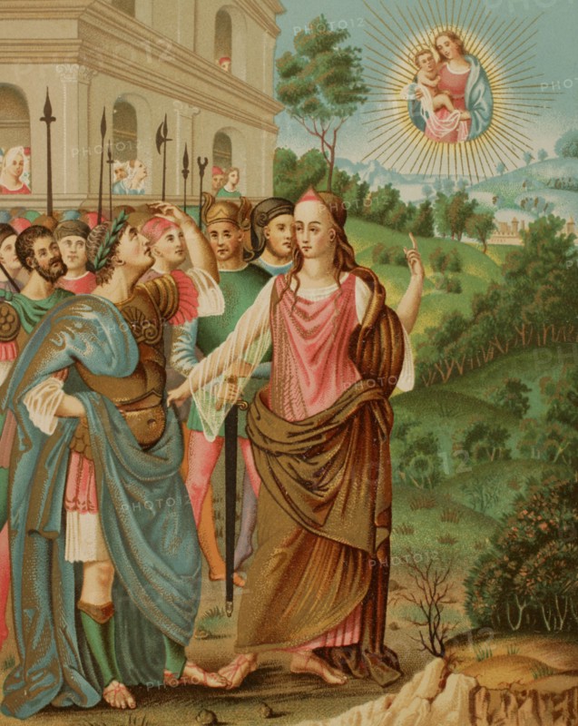 The Sibyl of Tiburtis announcing to Augustus the coming of Jesus Christ. The Virgin and Child appearing in Heaven. Chromolithography after a miniature from ""Historia romana excerpta ex libris Pauli Orosii'"", a 16th-century Italian manuscript attributed to Giulio Clovio.o. Sciences & Lettres au Moyen Age et a l'epoque de la Renaissance. Paris, 1877.