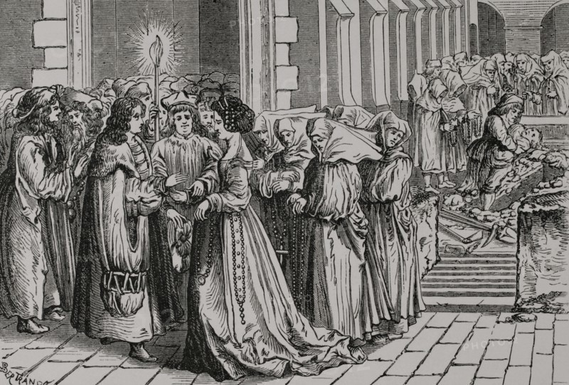 Marriage of a young man to an older woman. Facsimile by Bertrand based on an engraving of the German edition of ""Officia Ciceronis"", 1542. Sciences & Lettres au Moyen Age et a l'epoque de la Renaissance. Paris, 1877.