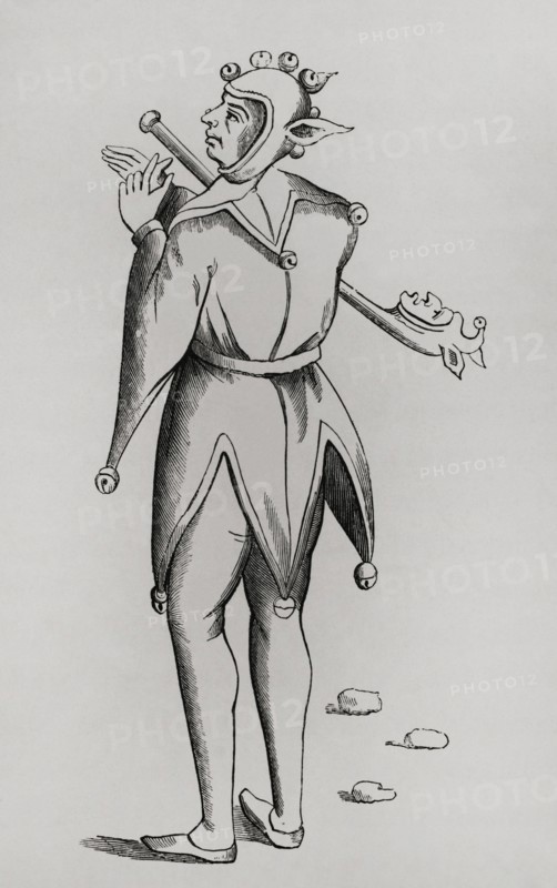 Buffoon holding a puppet beneath his arm. Engraving based on a miniature from a 15th-century manuscript. Sciences & Lettres au Moyen Age et a l'epoque de la Renaissance. Paris, 1877.