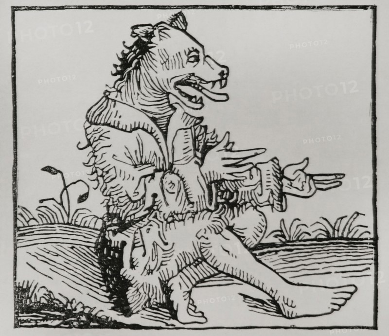 Monsters born from the Deluge. Dog-headed man. After wood engraving in the ""Chronique de Nuremberg"", printed in 1493. Sciences & Lettres au Moyen Age et a l'epoque de la Renaissance. Paris, 1877.