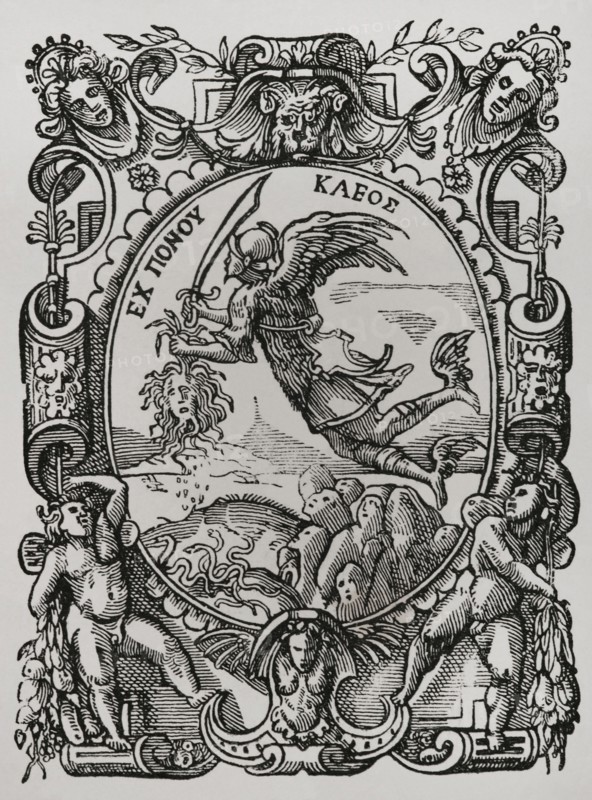 Perseus with the Gorgon's Head. Printer's mark of Mace Bonhomme (fl. 1536-1569), printer and bookseller at Lyon. From the original edition of ""Centuries"", the Propecies of Michael Nostradamus, 1555. Sciences & Lettres au Moyen Age et a l'epoque de la Renaissance. Paris, 1877.