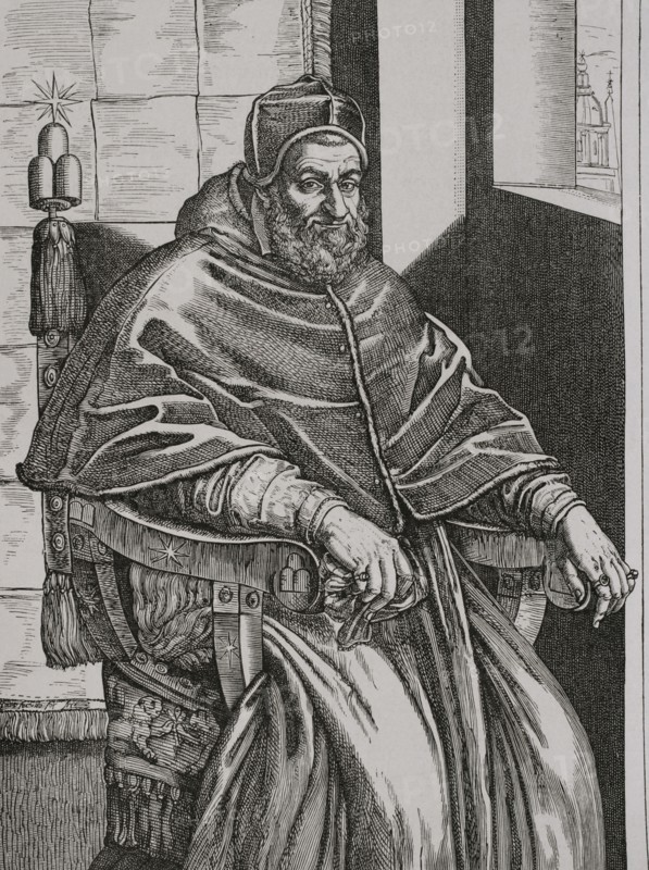 Sixtus V (1521-1590). Pope nr. 227 of the Catholic Church (1585-1590). Portrait. Engraving. Sciences & Lettres au Moyen Age et a l'epoque de la Renaissance. Paris, 1877.